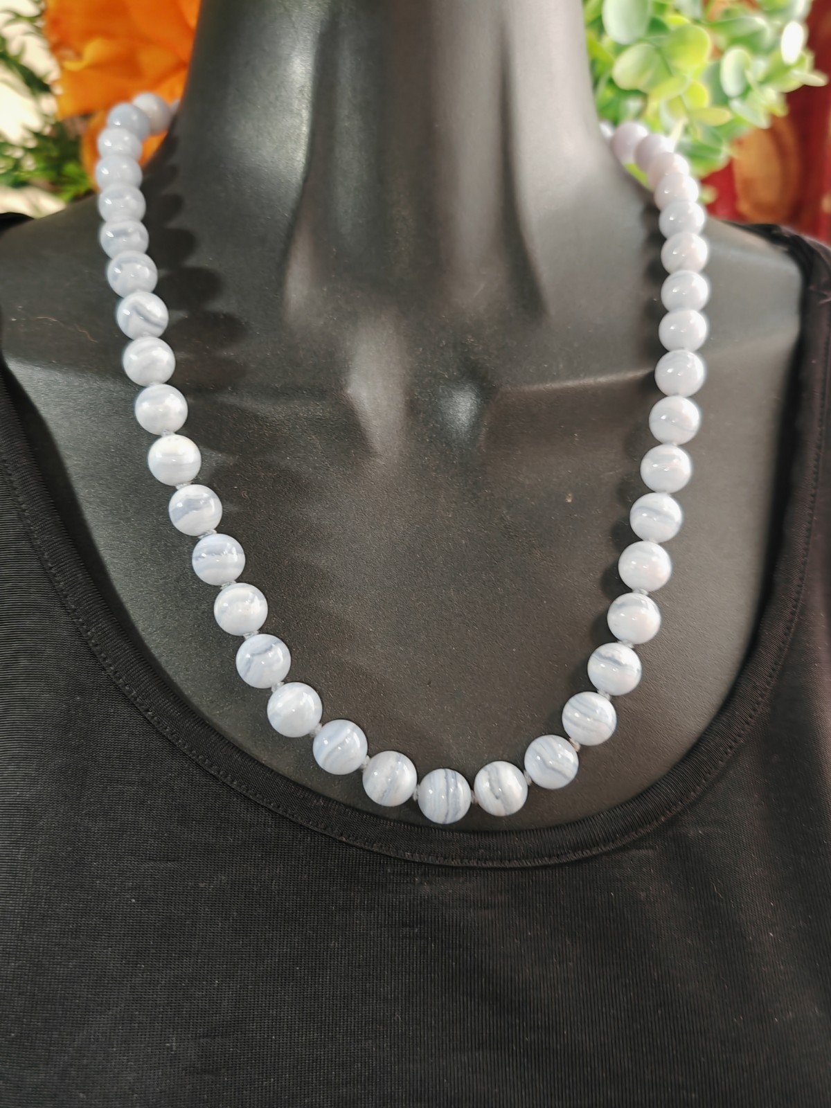 Blue lace chalcedony knotted simple gemstone 10mm bead necklace