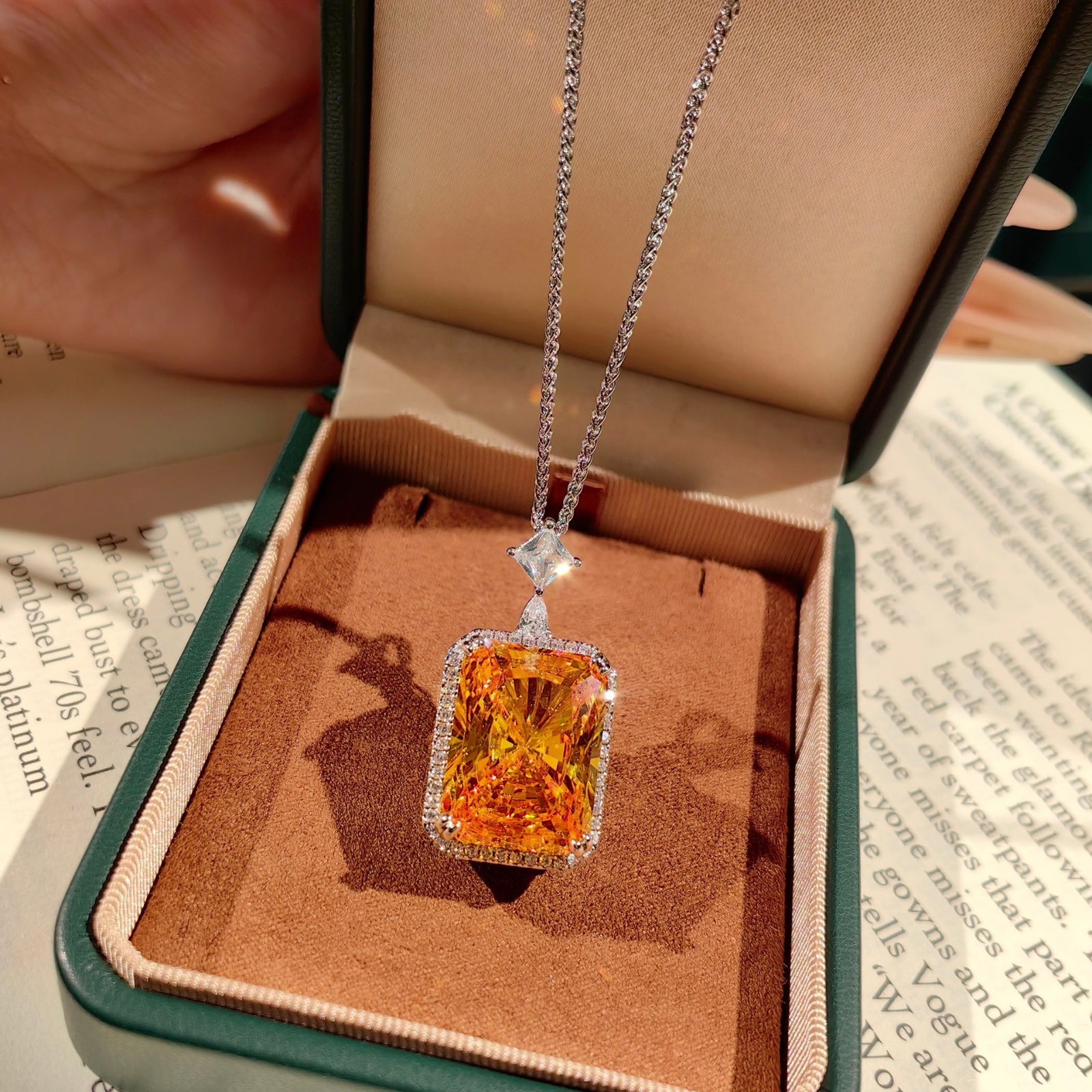 2pc Set Big Sparkle Radiant Cut Yellow Citrine Gems Women Silver Necklace Ring