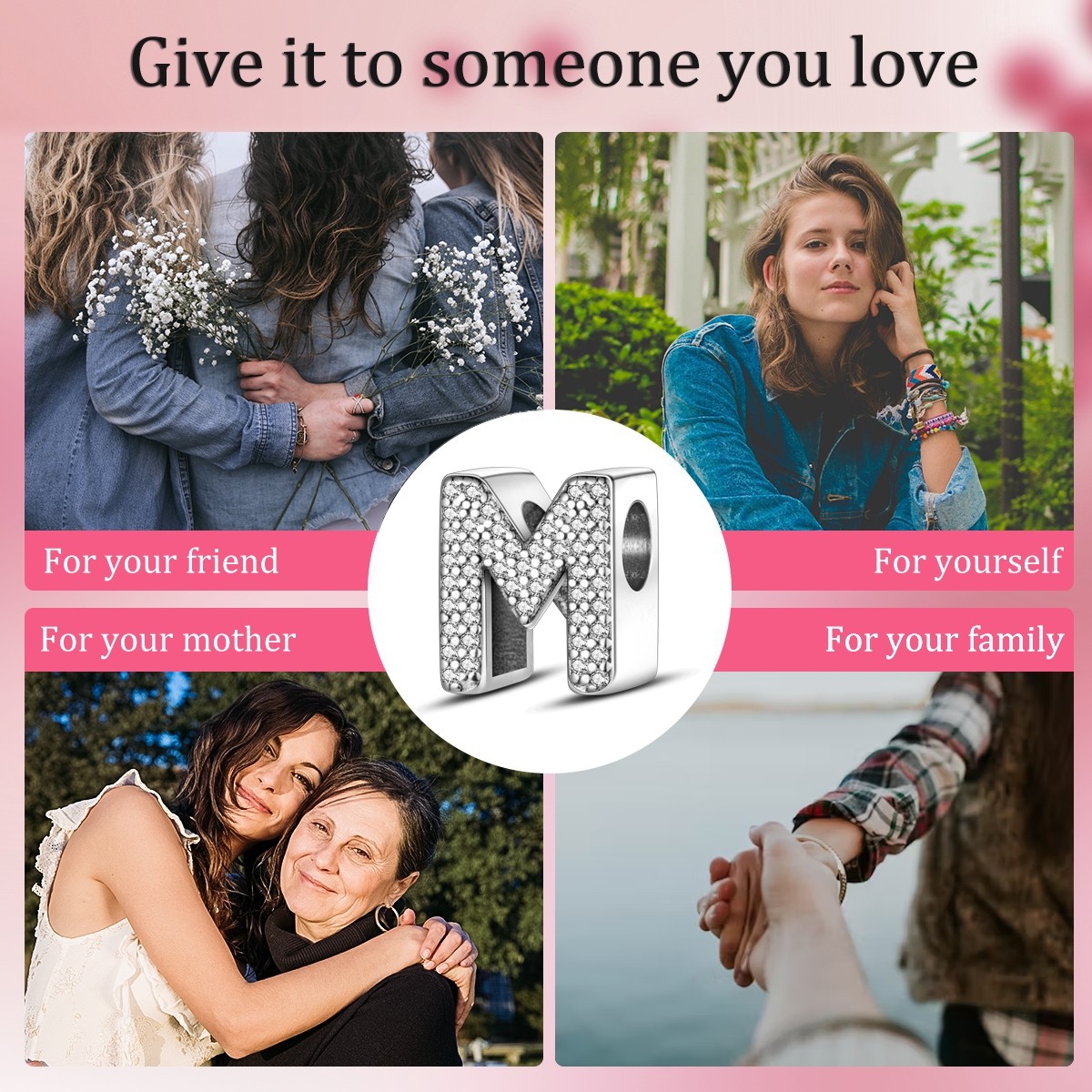 MULA Original Letter M Charm Clear AAA CZ Fit Women Bracelet 925 Sterling Silver