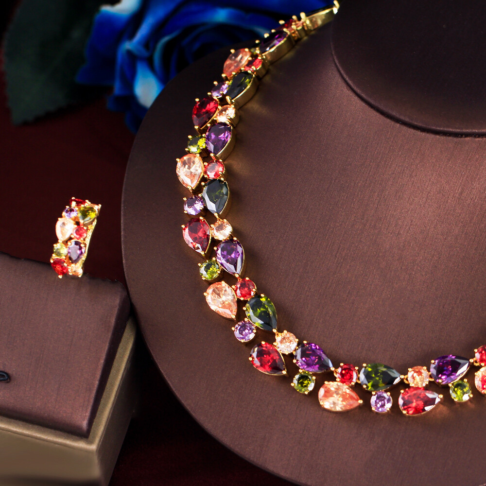 Charm Gold Plated Multicolor Cubic Zirconia Necklace Earrings Bridal Jewelry Set