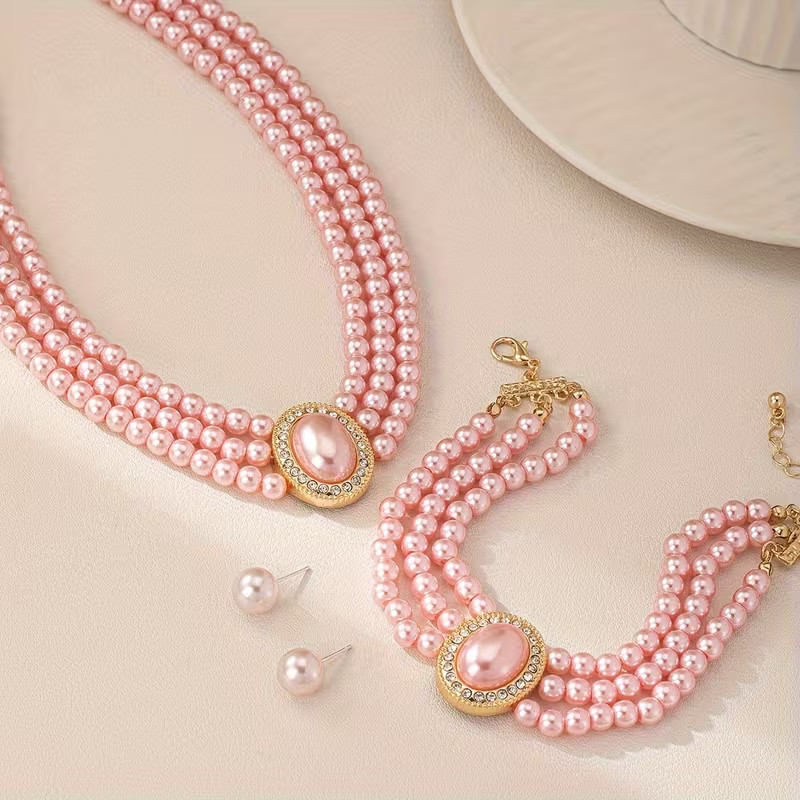 Pink Pearl Jewellery Set Necklace Bracelet Earrings Bridal Wedding Women Gift
