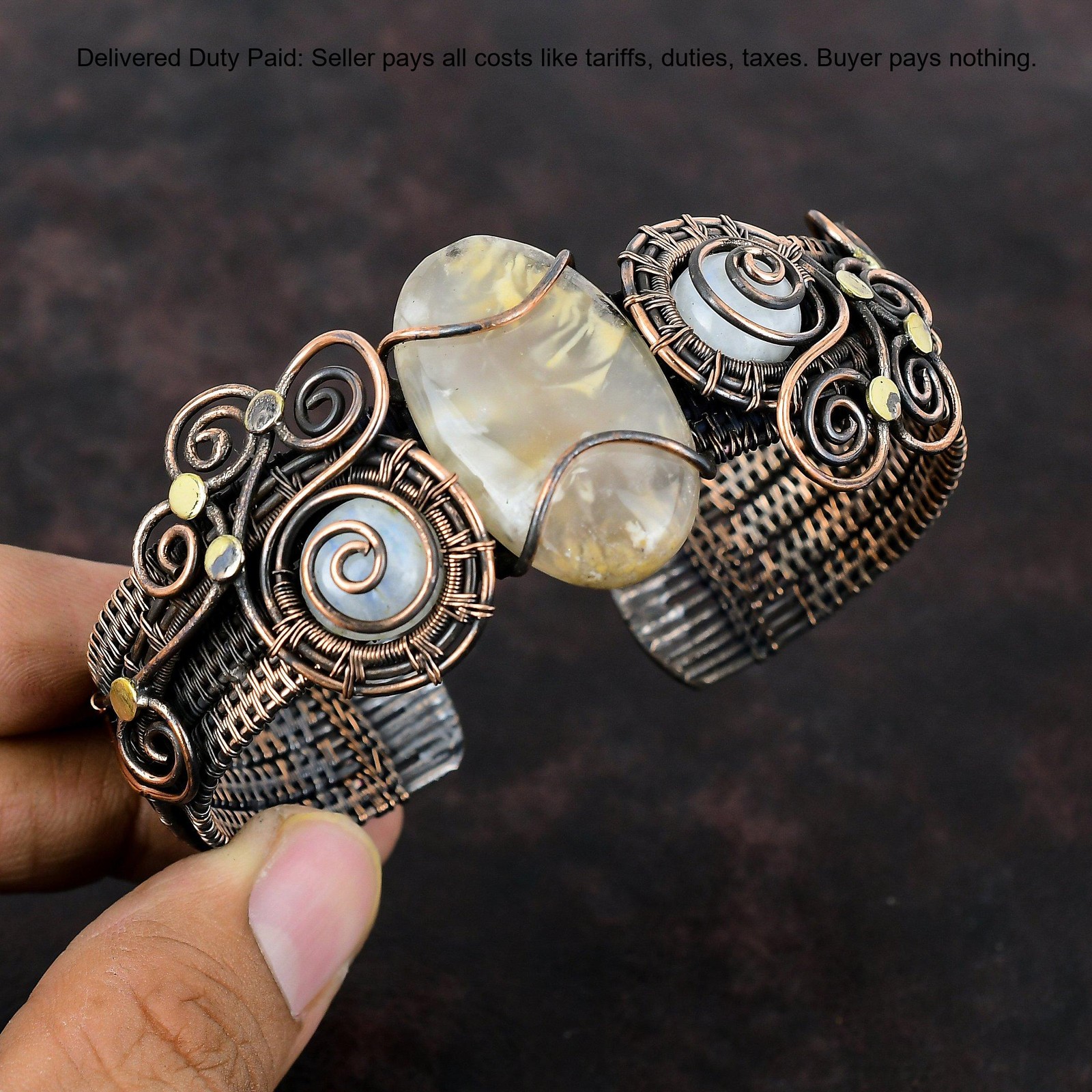 Copper Oval Natural Plume Agate Rainbow Moonstone Wire Wrapped Wife New Bangle