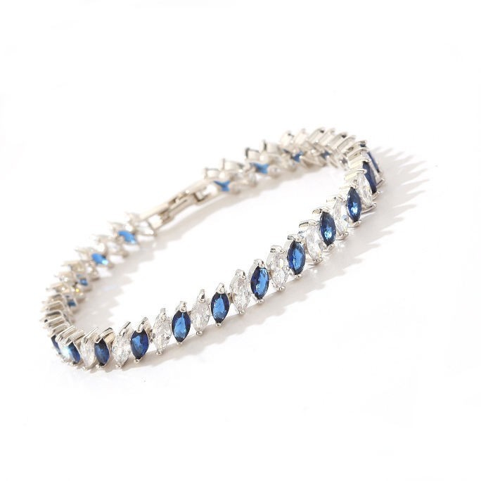 Elegant Blue White Marquise Tennis Bracelet Silver Tone Link Bracelet Gift Her