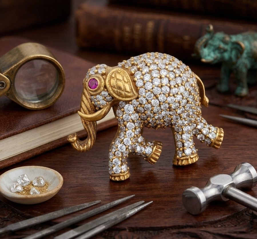 Elephant Red And White CZ Zirconia Gemstone 925 Sterling Silver Brooch And Pin