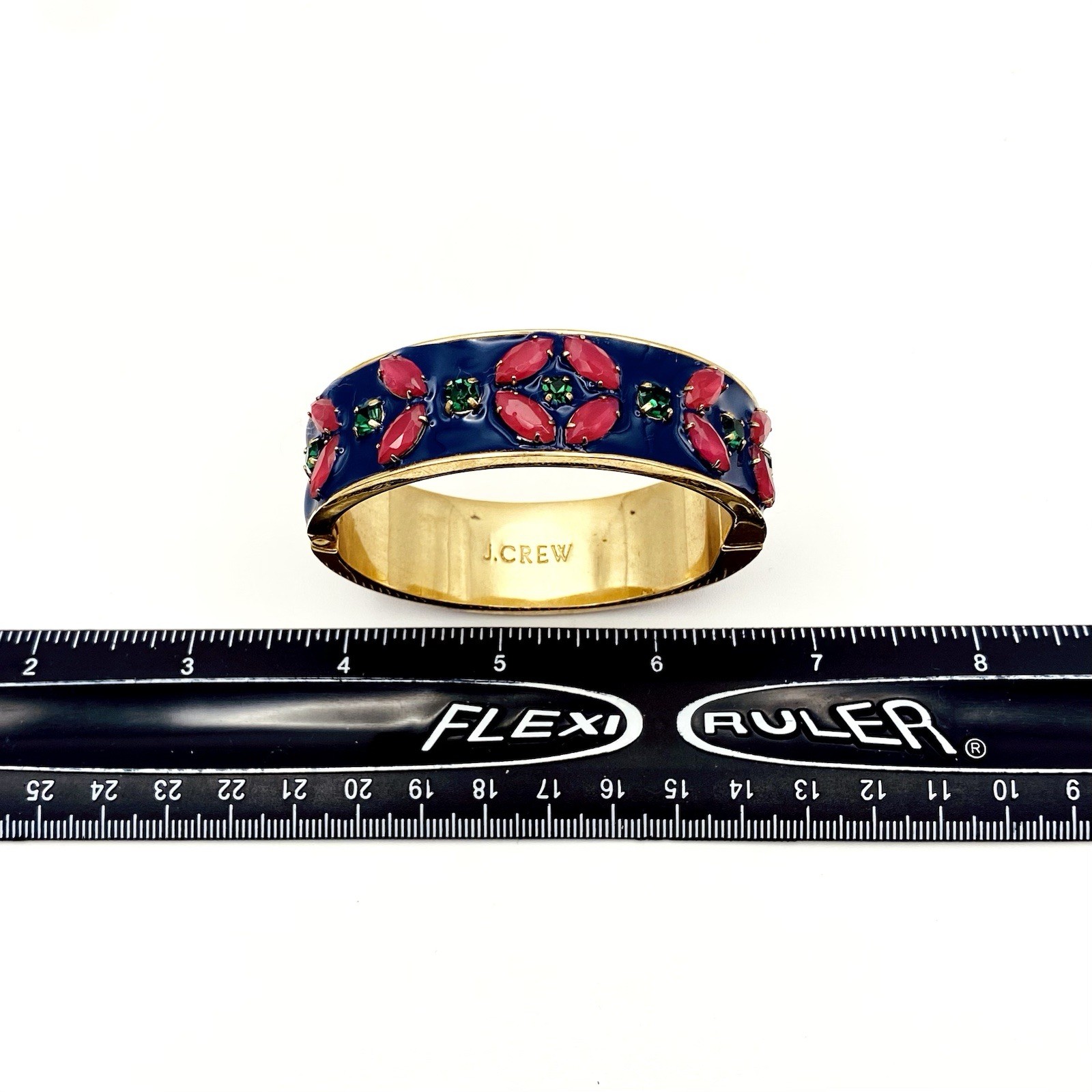 J Crew Gold Tone Blue Enamel Bangle Bracelet Red Green Rhinestones Boho Cottage