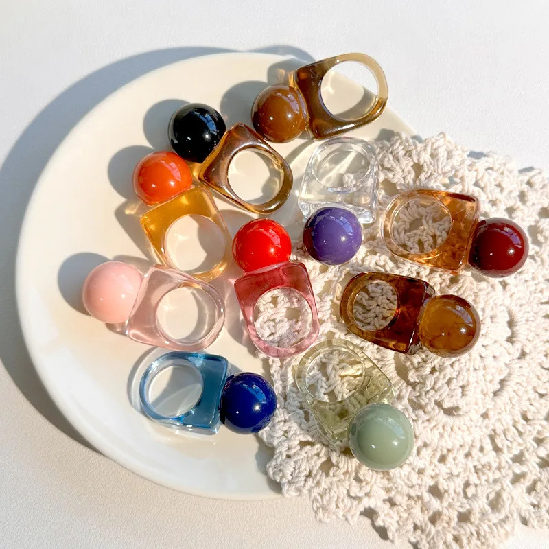 Resin Ball Shape Ring Chunky Geometric Adjustable Wedding Band Women Jewelry