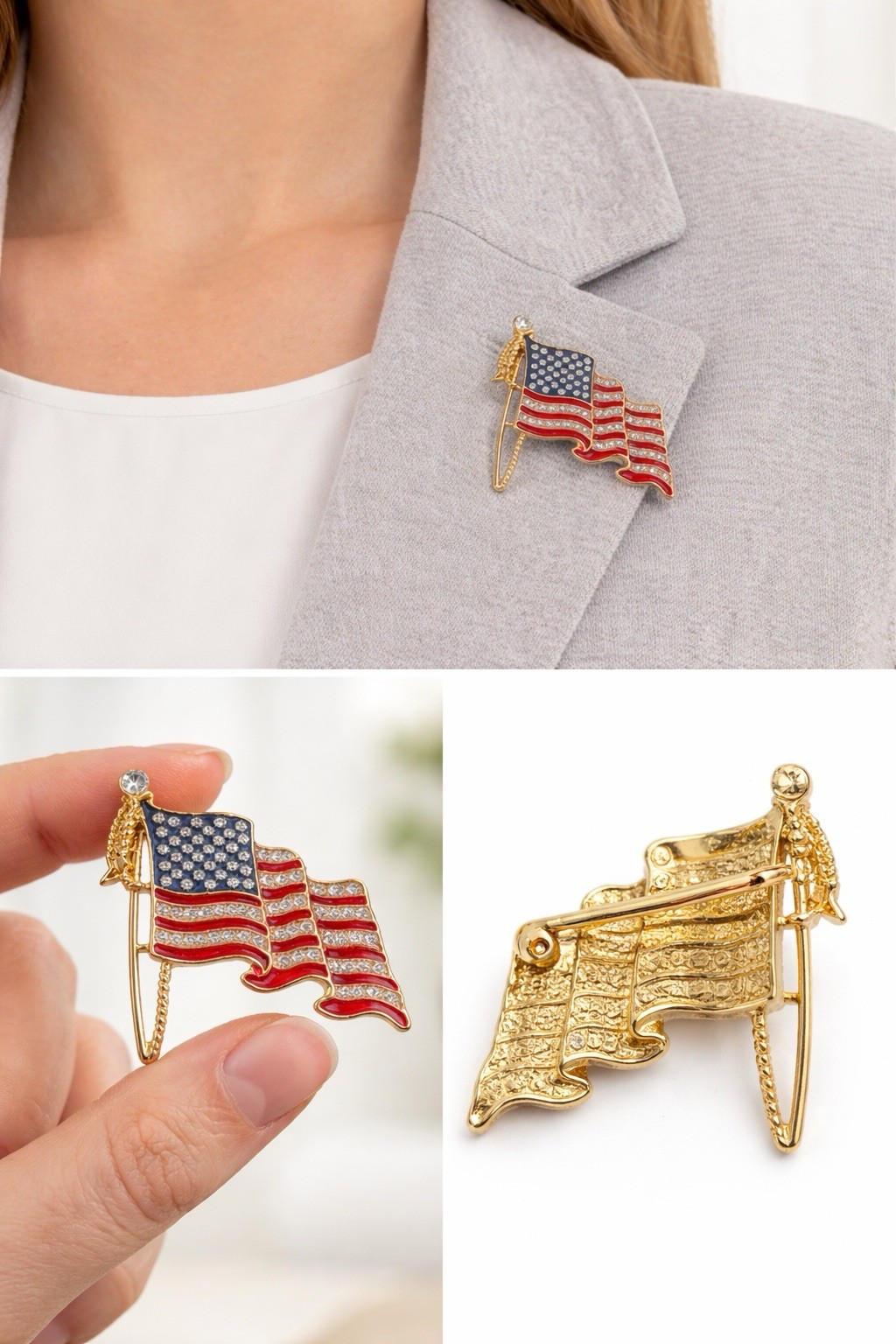 USA American Flag Rhinestone Brooch Pin Gold Tone Patriotic Lapel Jewelry Gift