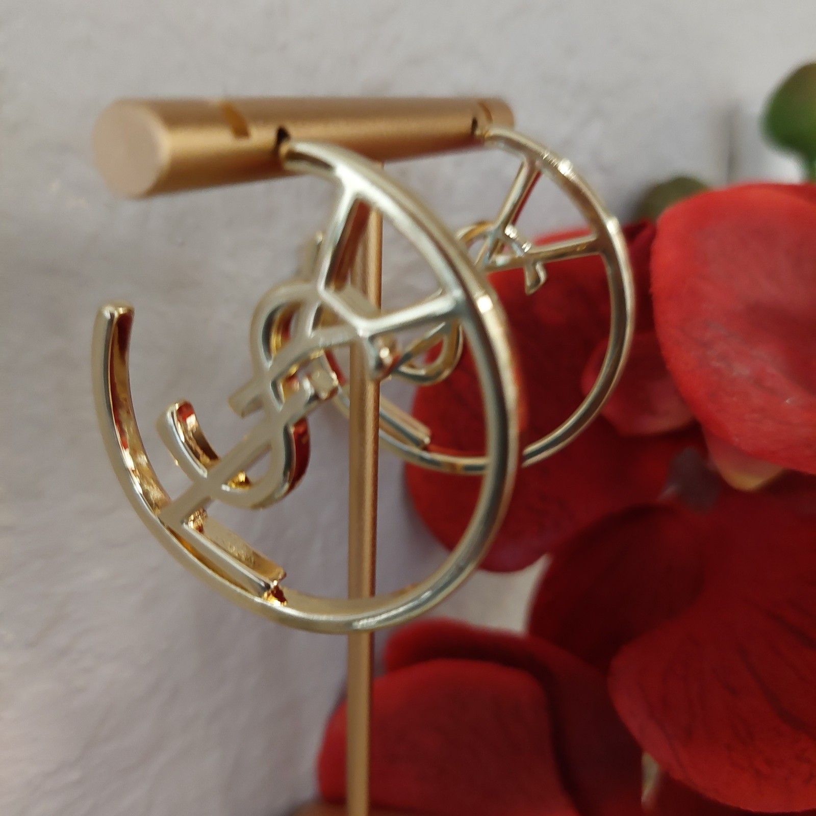 Auth. YVES SAINT LAURENT YSL LOGO Large HOOP EARRINGS Gold Tone