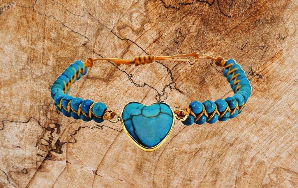 Turquoise stone heart bracelet with all round stones brown cord adjustable New