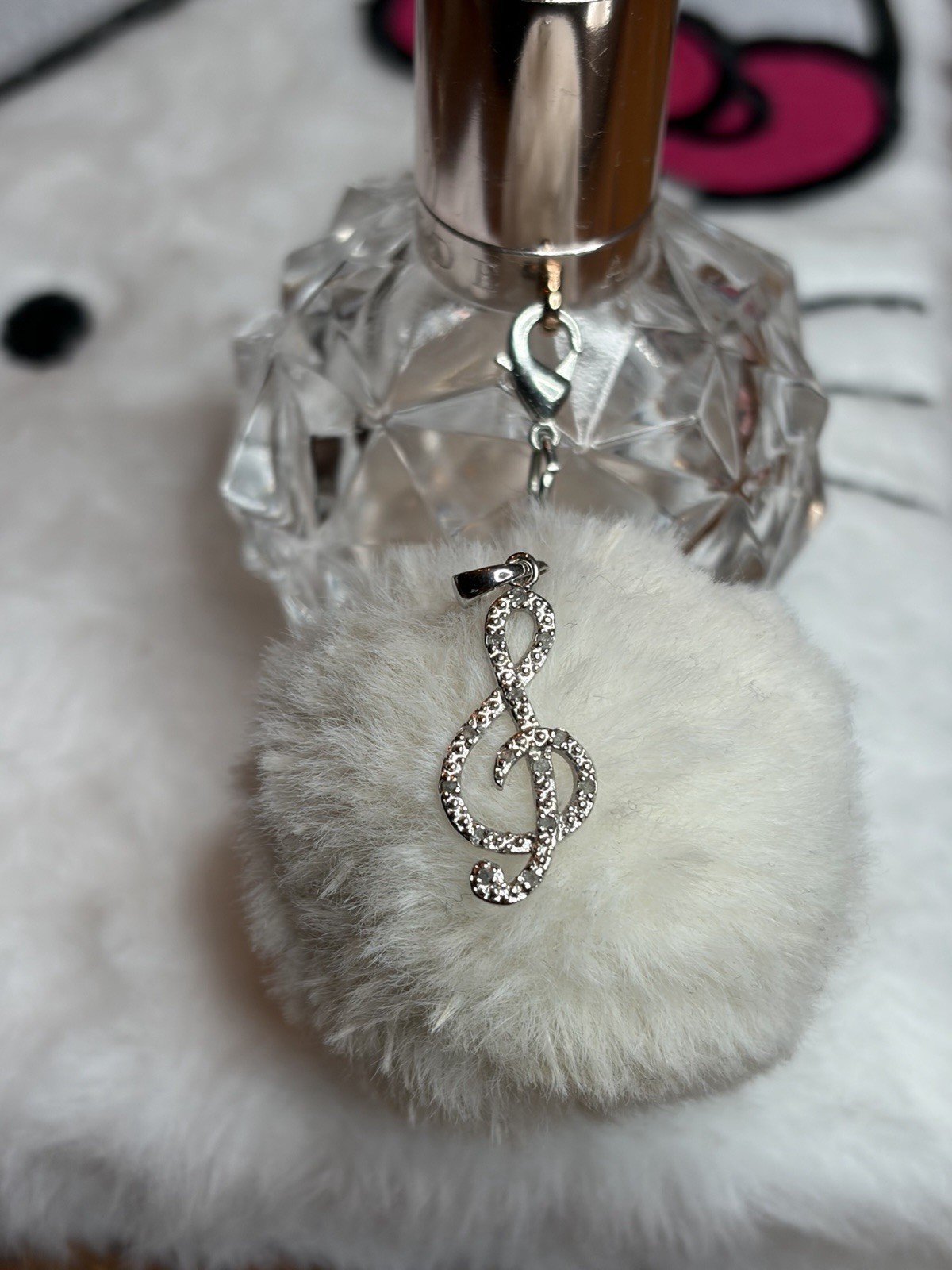 Silver Plated Tone Treble Clef Musical Note Dangle Charm, Clear Crystal Lobster