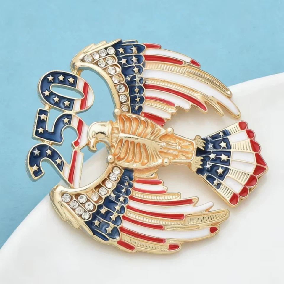 USA Eagle 250 Enamel Brooch Rhinestone Patriotic Flag Gold Tone Pin Gift