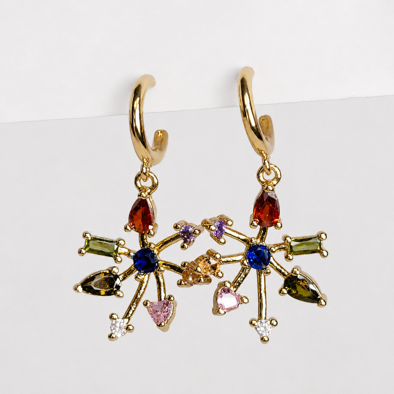Kate Spade Starburst Rainbow Crystal Firework Drop Gold Huggie Hoop Earrings NEW