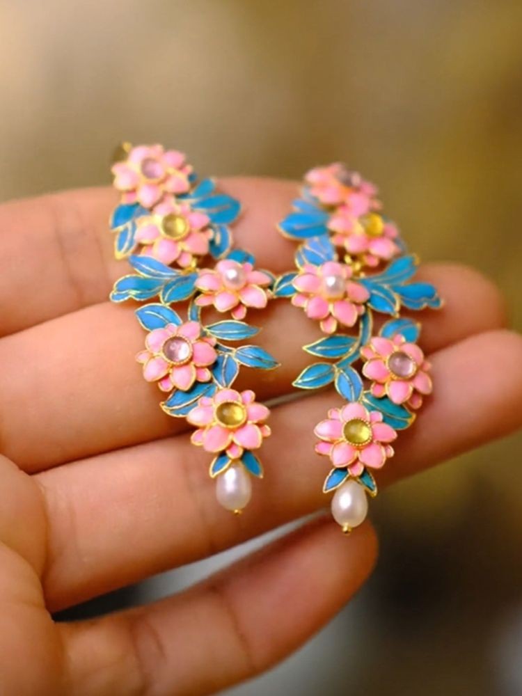 Chinese Style Filigree Enamel Flower Earrings Pearl Tassel Vintage Jewelry
