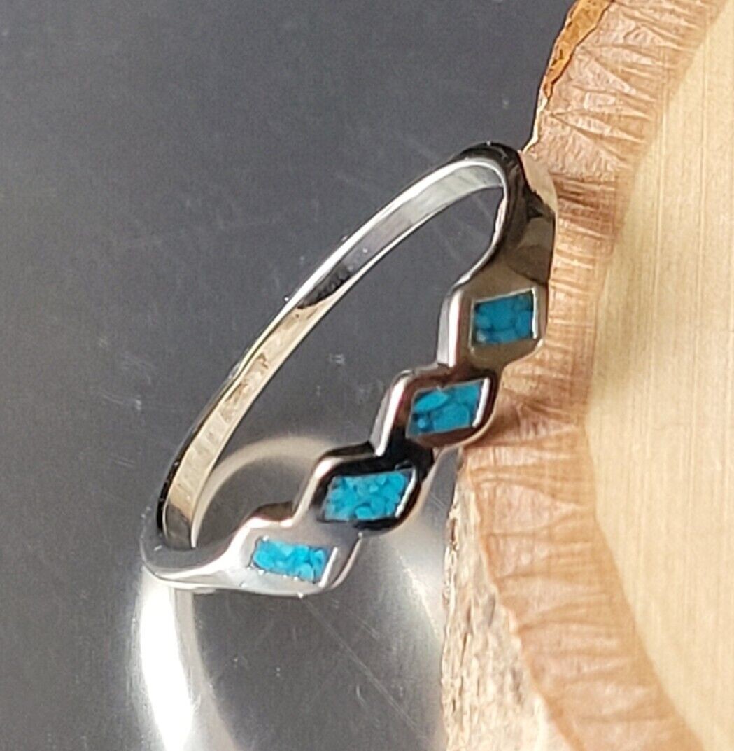 Silver Plated Genuine Turquoise Chip Inlay Ring Southwest 4 Squares Band Ring