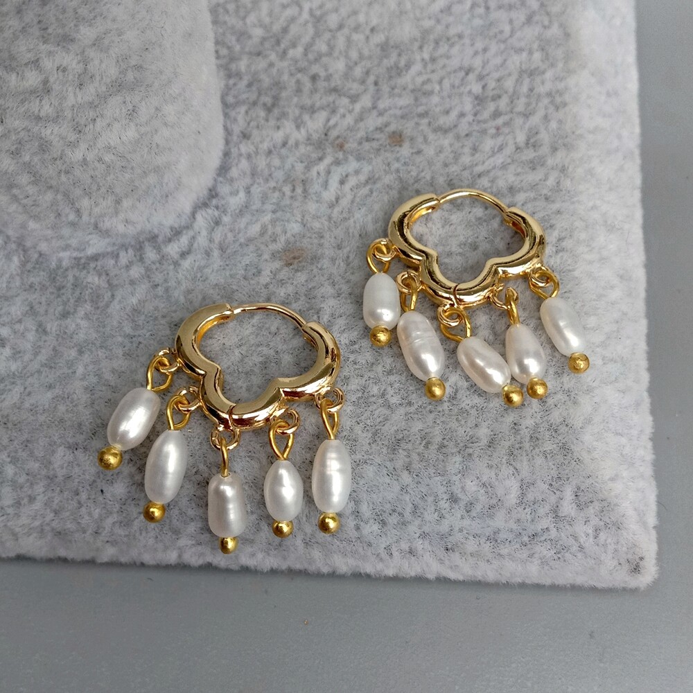 Freshwater Cultured White Rice Pearl Cloud gold plated hoop Earrings