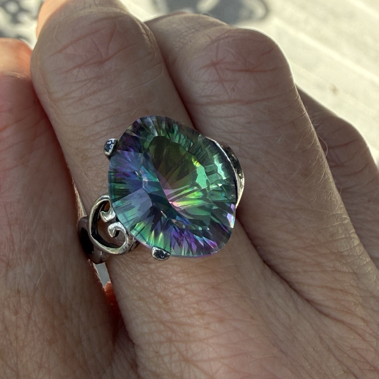 LUCCN Sterling Silver Floral Shank Large Oval Brilliant Mystic Topaz Ring Size 7