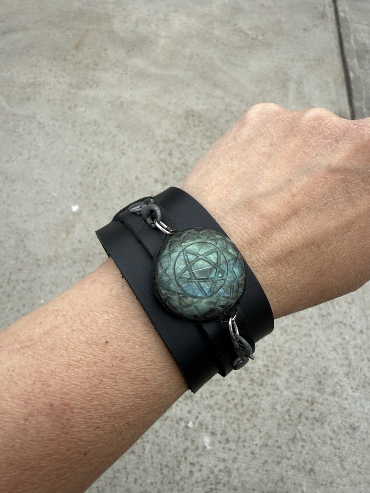 Black vegan Leather Wide Cuff Bracelet w/ Buckle Closure, Adjustable labradorite