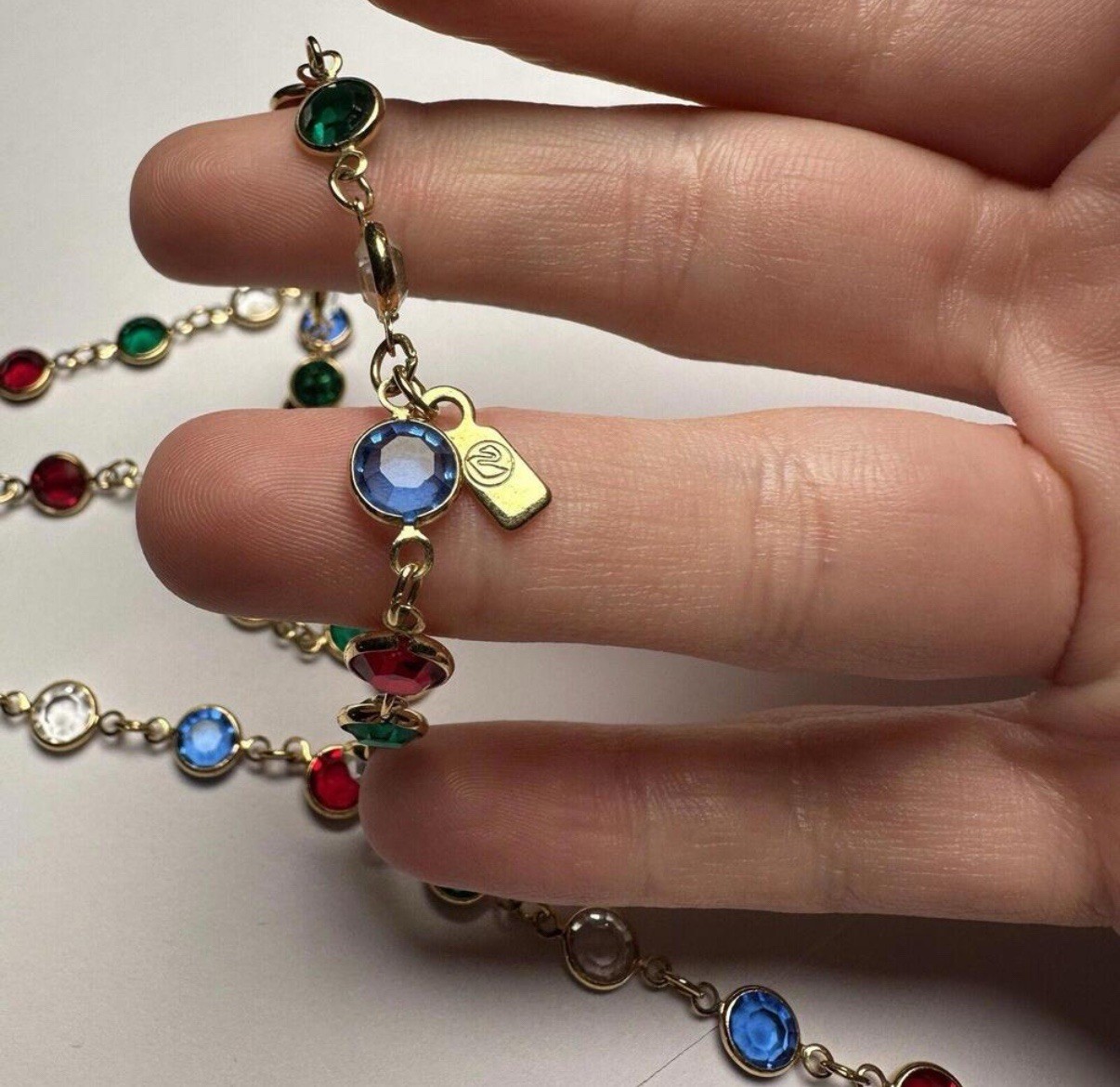 Swarovski Crystal (Swan Signed) Colorful Red Green Blue Clear Gold Tone Necklace