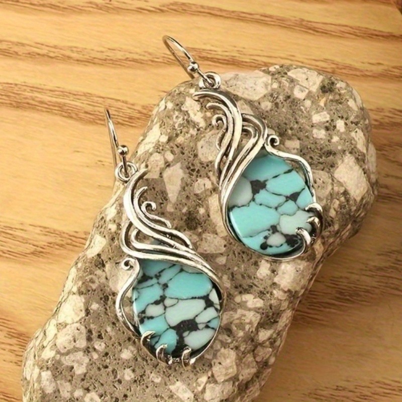 Womens Boho Vintage Silver Plated Teardrop Faux Turquoise Dangle Drop Earrings