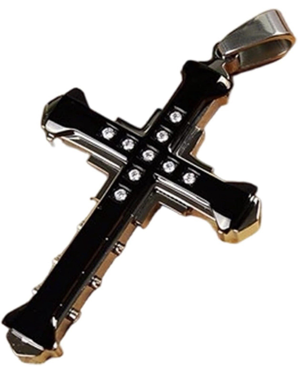 Stainless Steel Black Cross Charm Pendant Necklace Clear Crystal Ball Chain