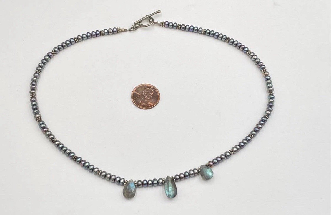 925 Sterling Silver Grey Pearl Labradorite Teardrop Necklace 17.25″ 17g Tested