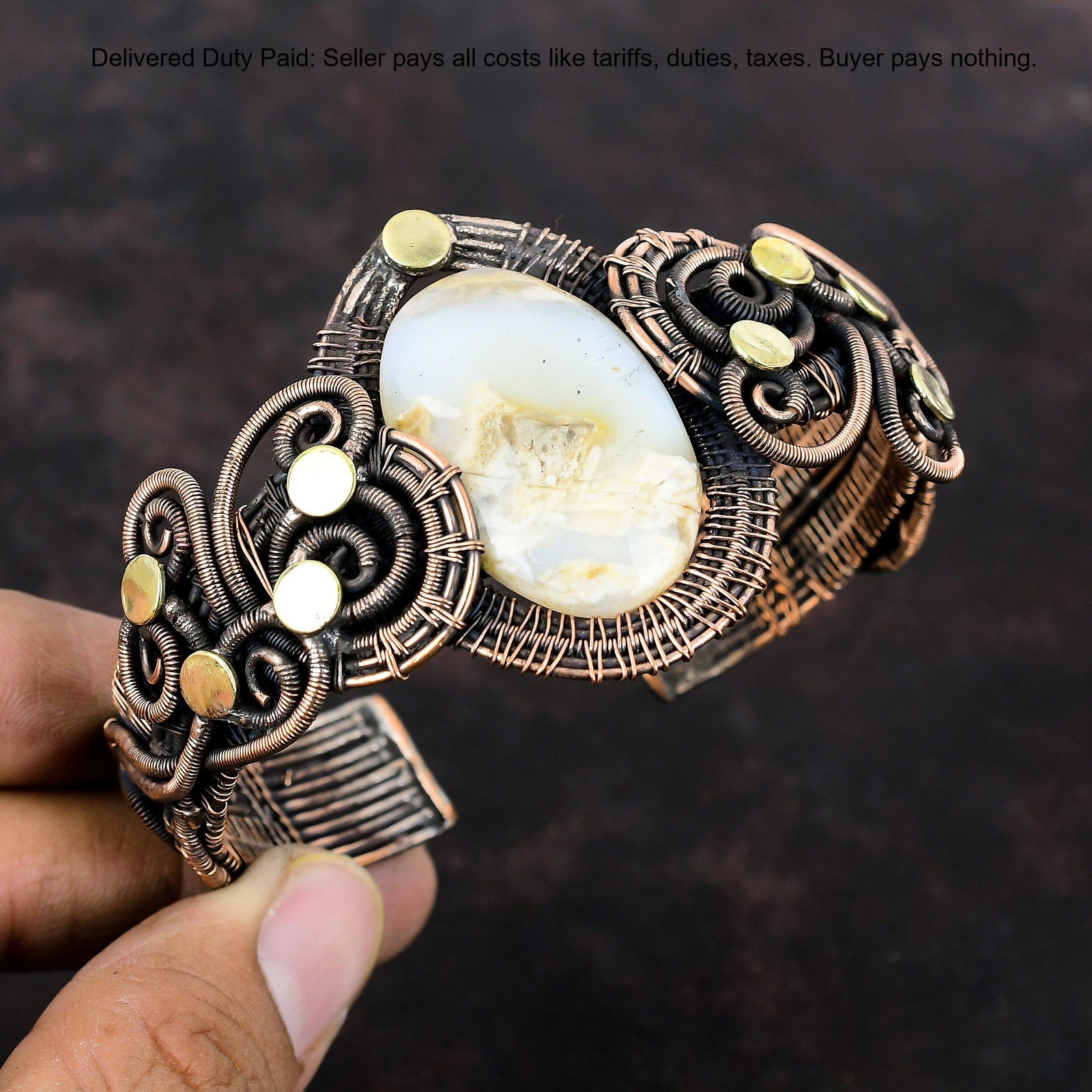 Oval Plume Agate Stone Copper Unique Wedding Wire Wrapped Ethnic Daughter Bangle
