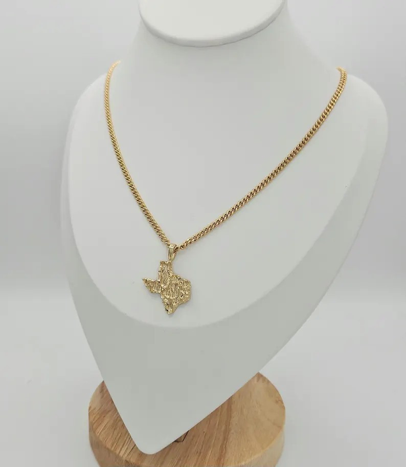 Gold Nugget Texas Necklace, 3mm Curb Chain, 14k Gold Plated,Lifetime Replacement