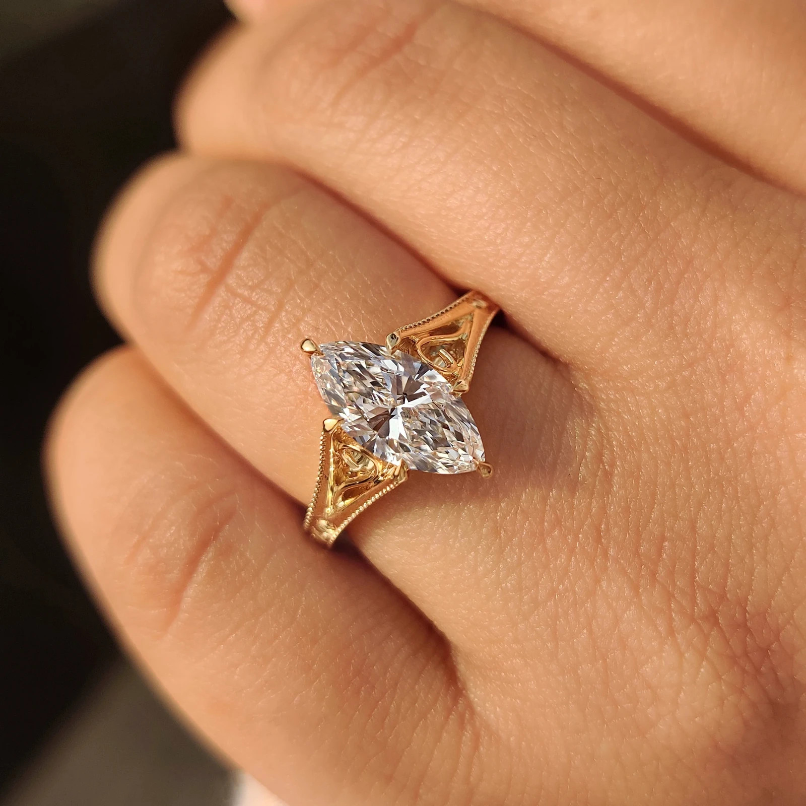 2.00CT Solitaire Lab Grown Diamond Marquise Cut Diamond Ring in Milgrain Details