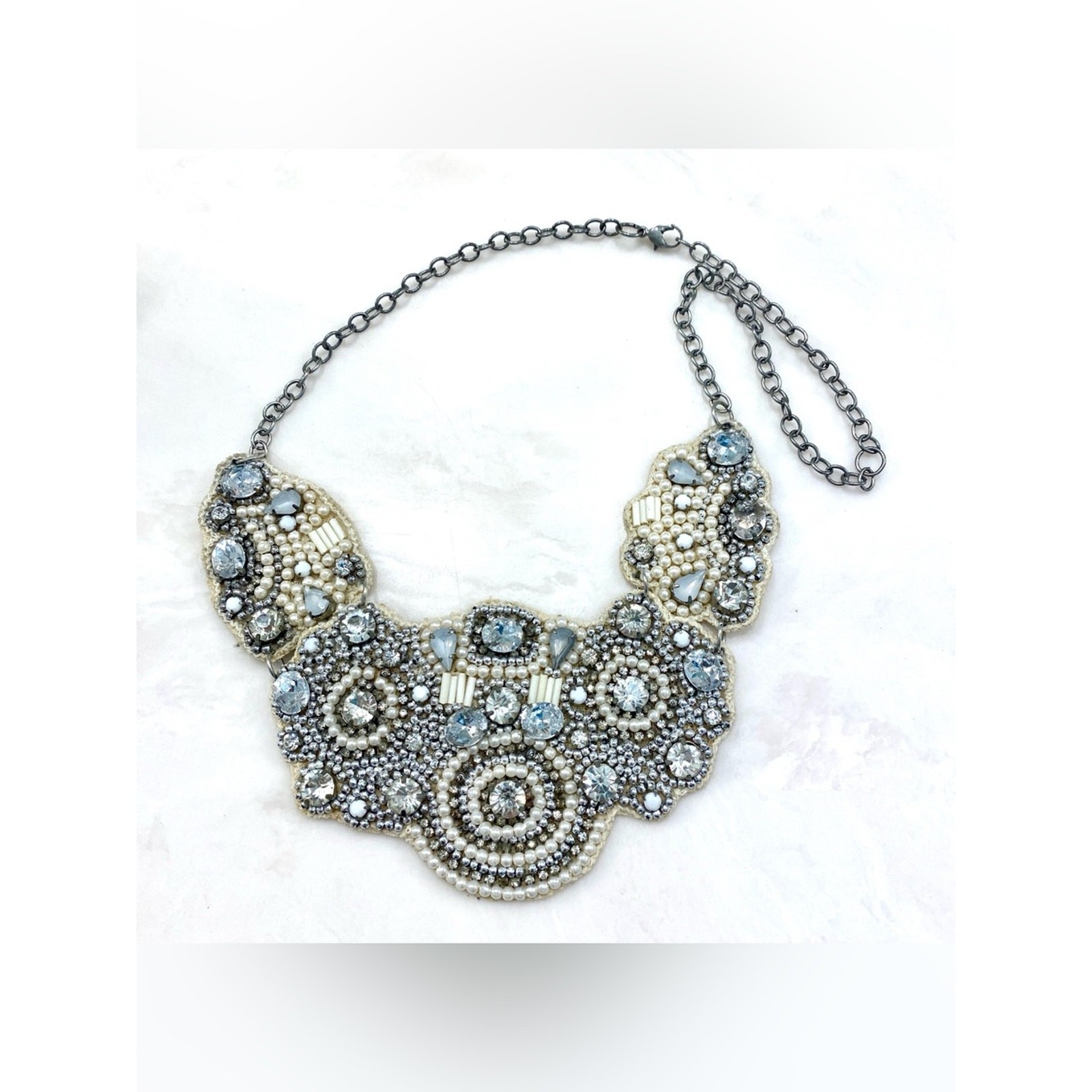 Unique Vintage Cream and Silver Beaded Bib Necklace