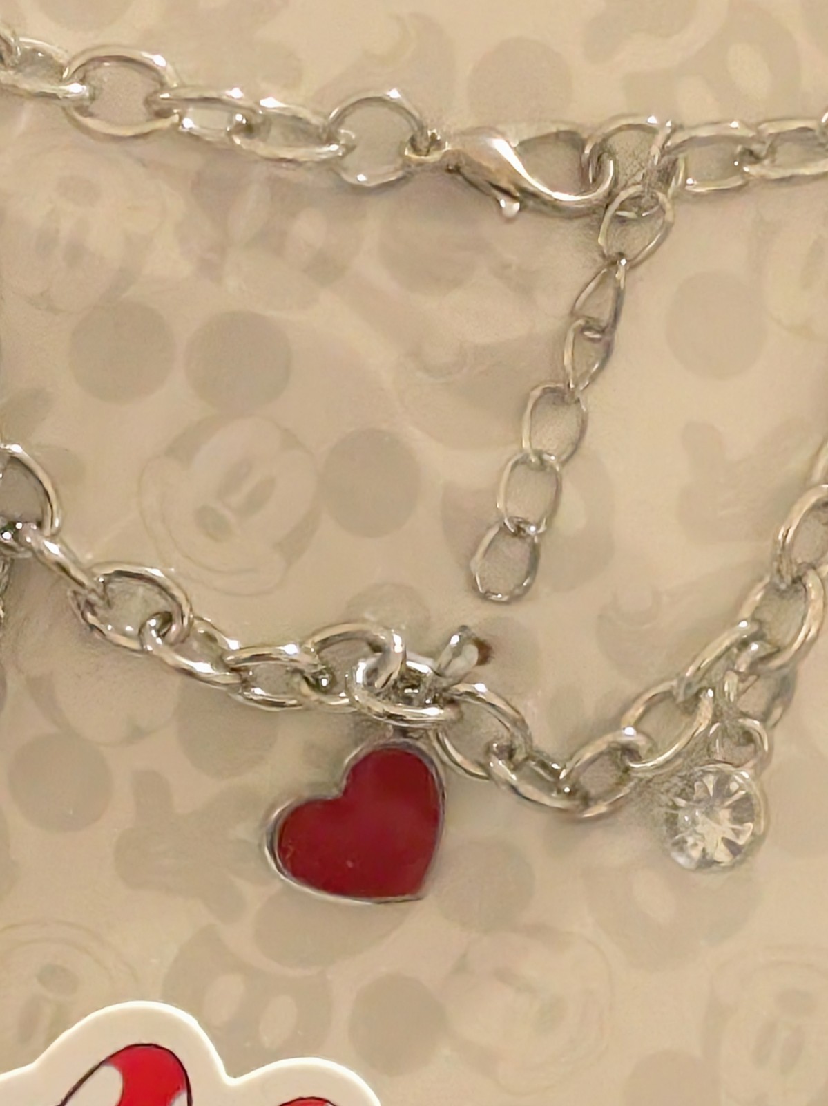 Disney Mickey Mouse & Minnie Charm Bracelet Silver Tone Heart Rhinestone NIP