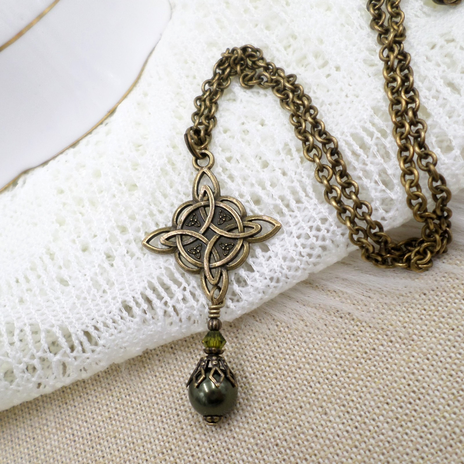 Celtic Knot Necklace, Green Bead Antique Brass Witch Knot Handmade Jewelry