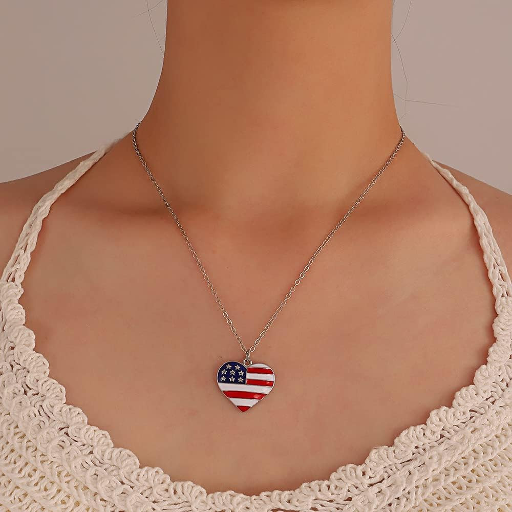 4th of July Rhinestone USA Flag Necklace Patriotic Red White Heart necklace