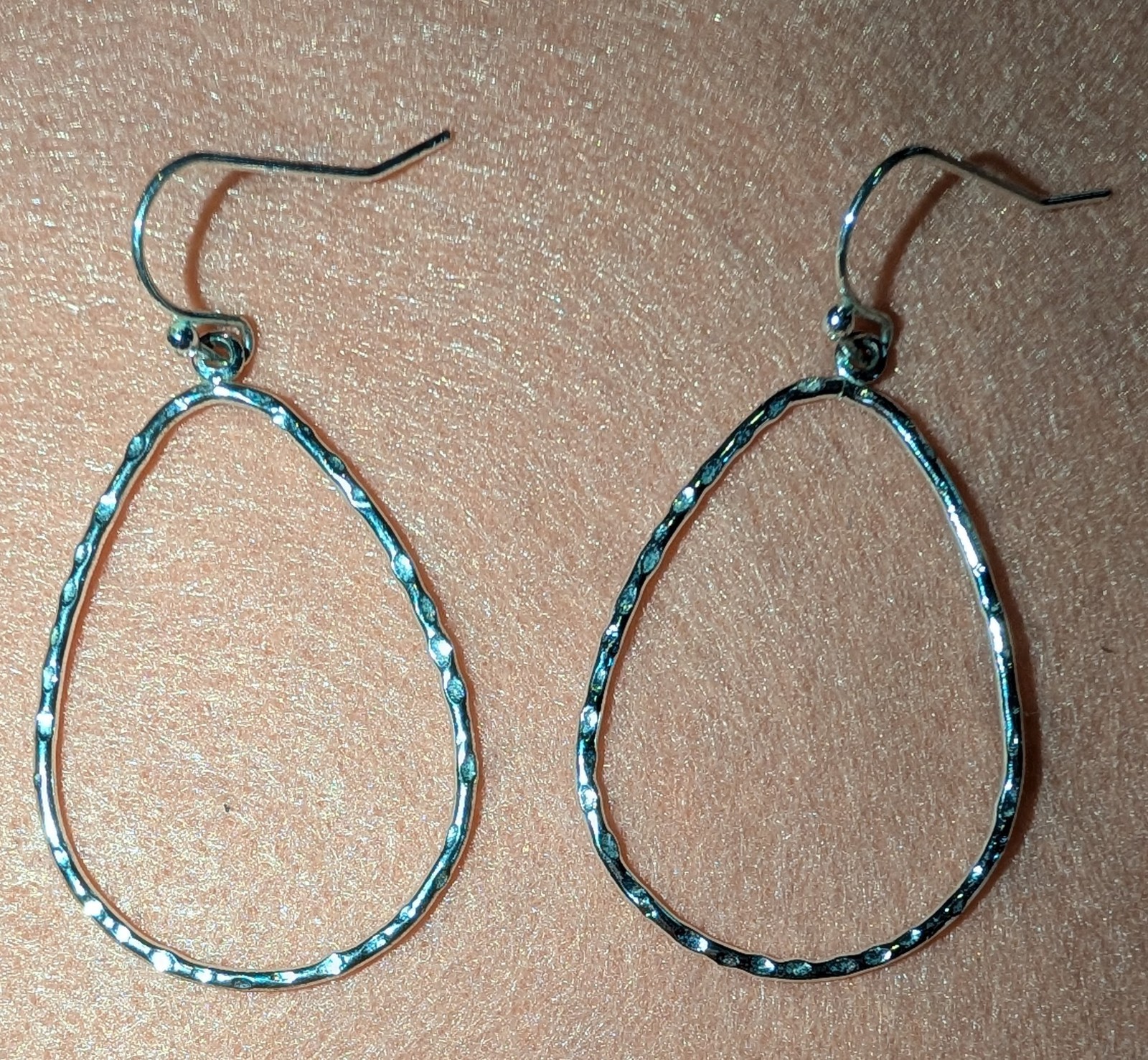 Silver Tone Textured Teardrop Hoop Dangle Drop Earrings Metal Hook No Stone