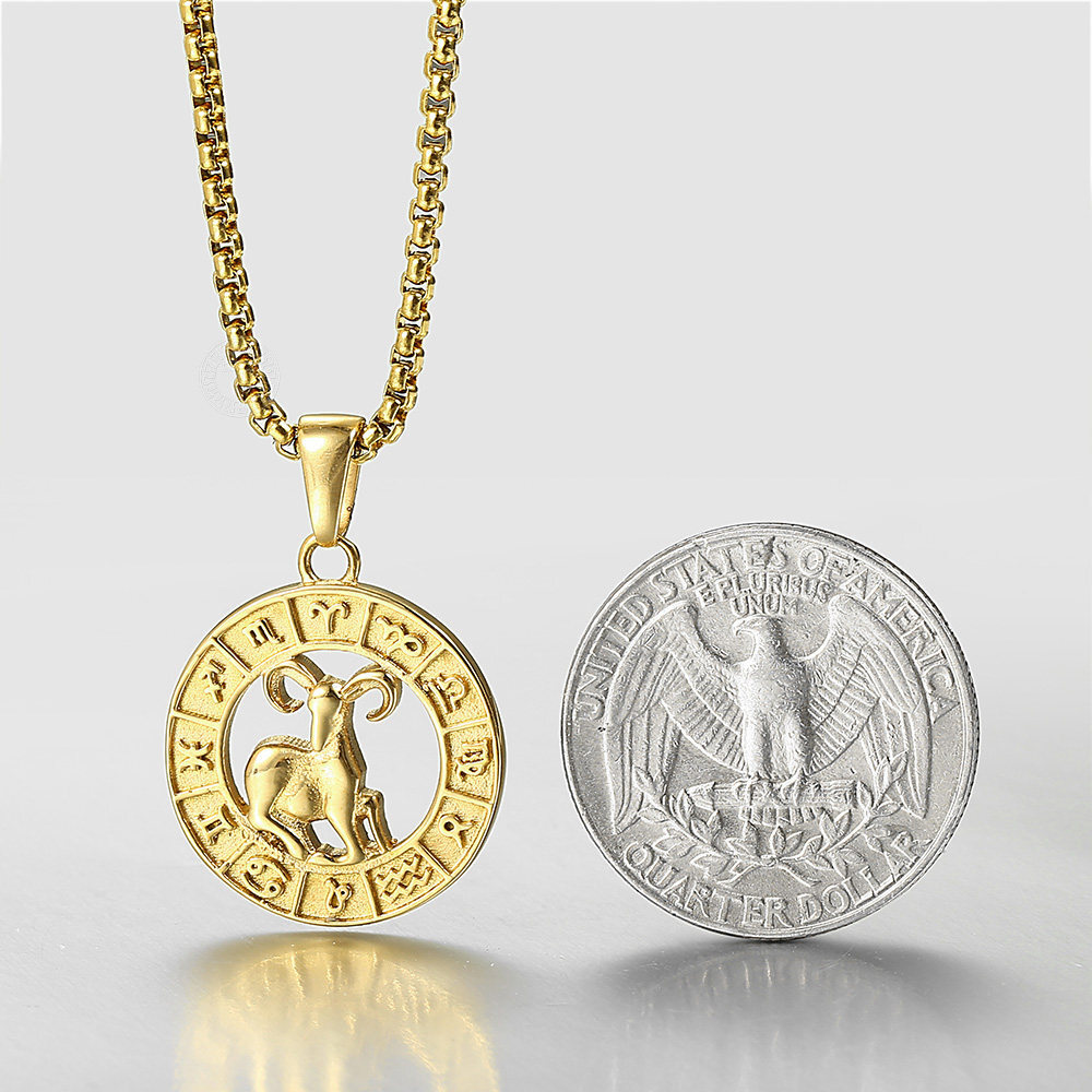 Yellow Gold Plated Stainless Steel 12 Zodiac Sign Pendant Necklace 18-22″ Chain