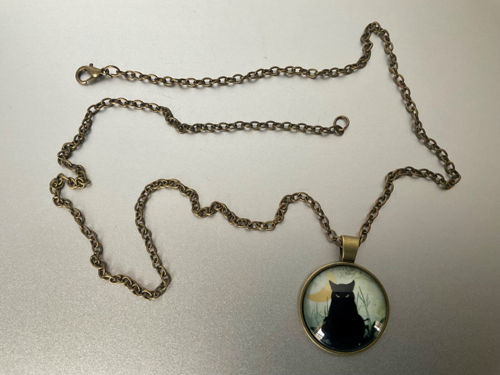 Halloween Black Cat Pendant Necklace Bronze Tone 23” Chain