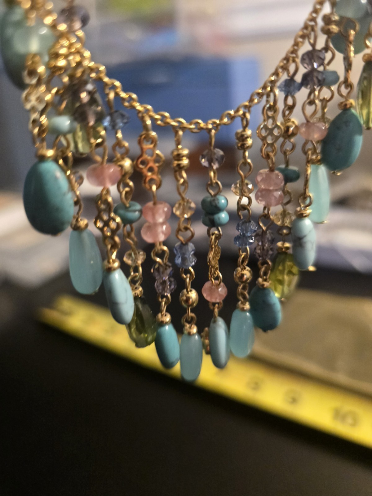 Gold Tone Bohemian Bib Necklace Blue Pink Green Beaded Fringe 22 in LN4578-5015