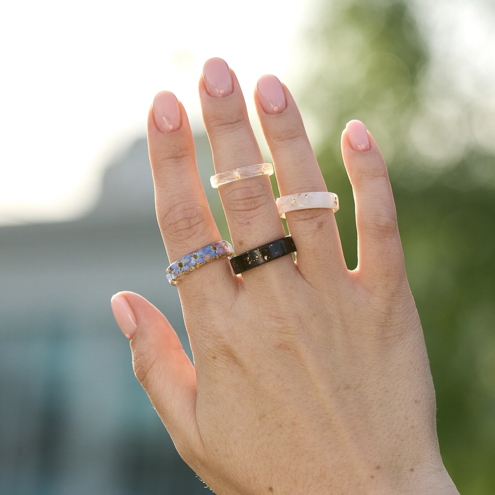 Black Resin Ring with Gold Flakes, High-Quality Handmade Band, Engagement Rings