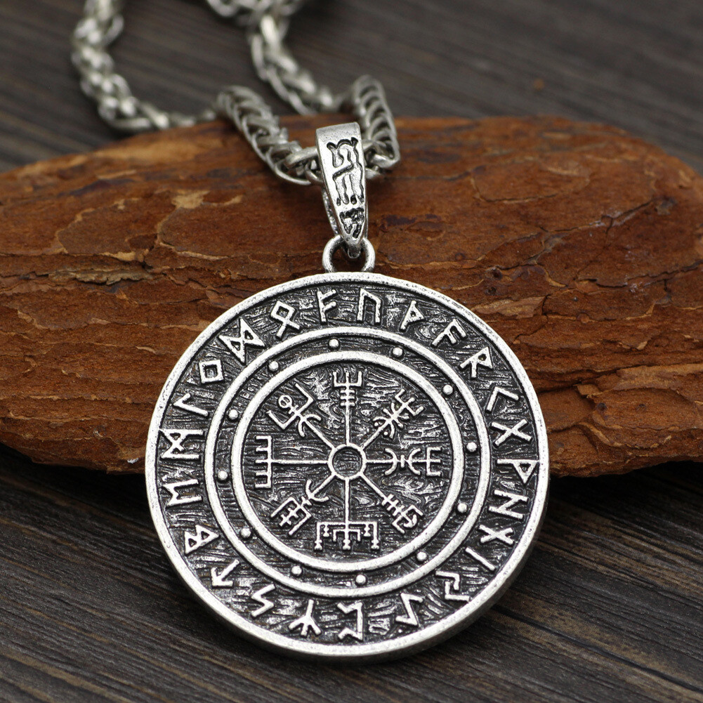 Men Vintage Norse Viking Rune Vegvisir Pirate Compass Pendant Necklace Chain 24″