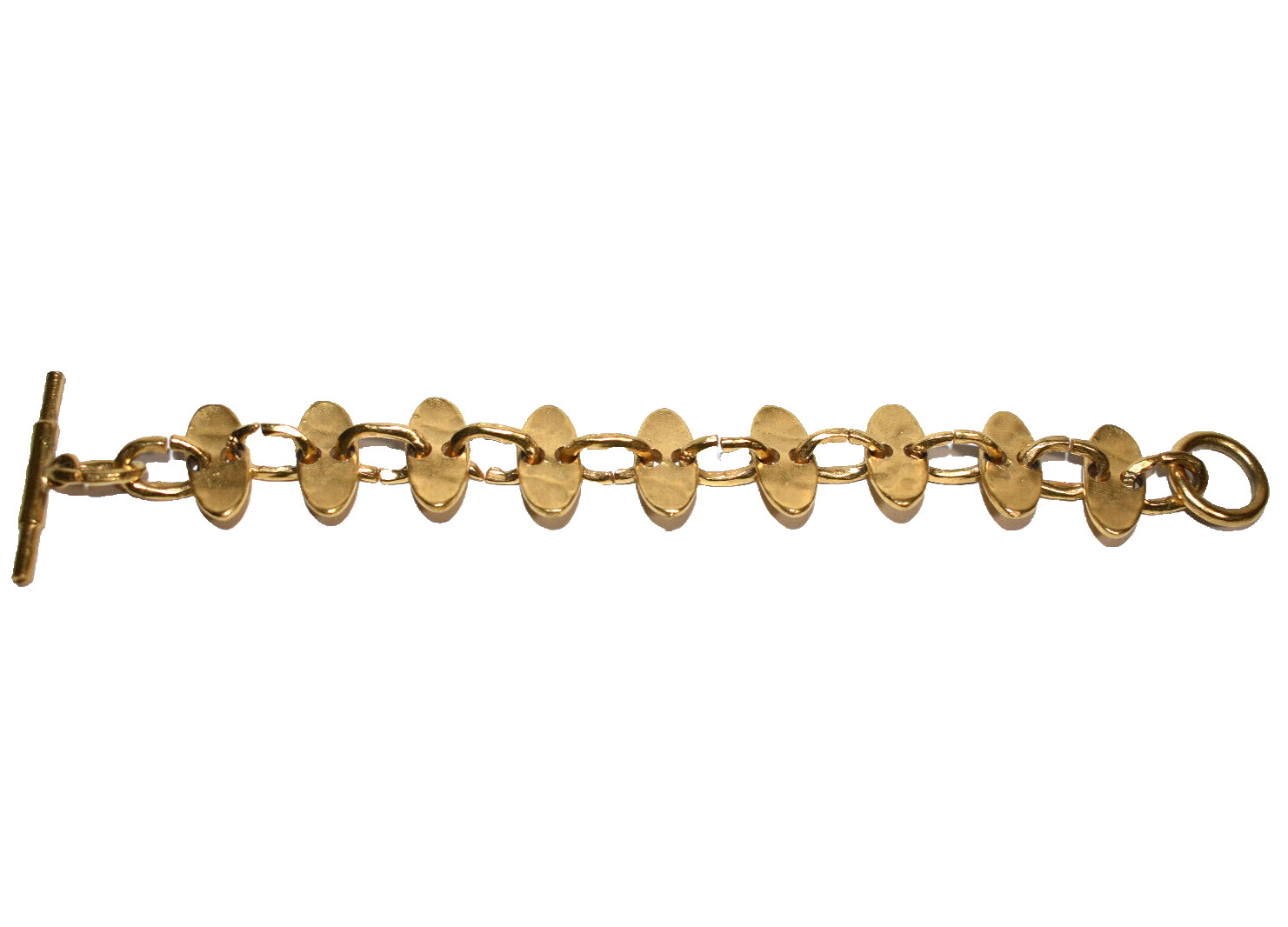 Biche De Bere Bracelet Gold Tone Links Modernist Hammered Toggle Clasp 8”