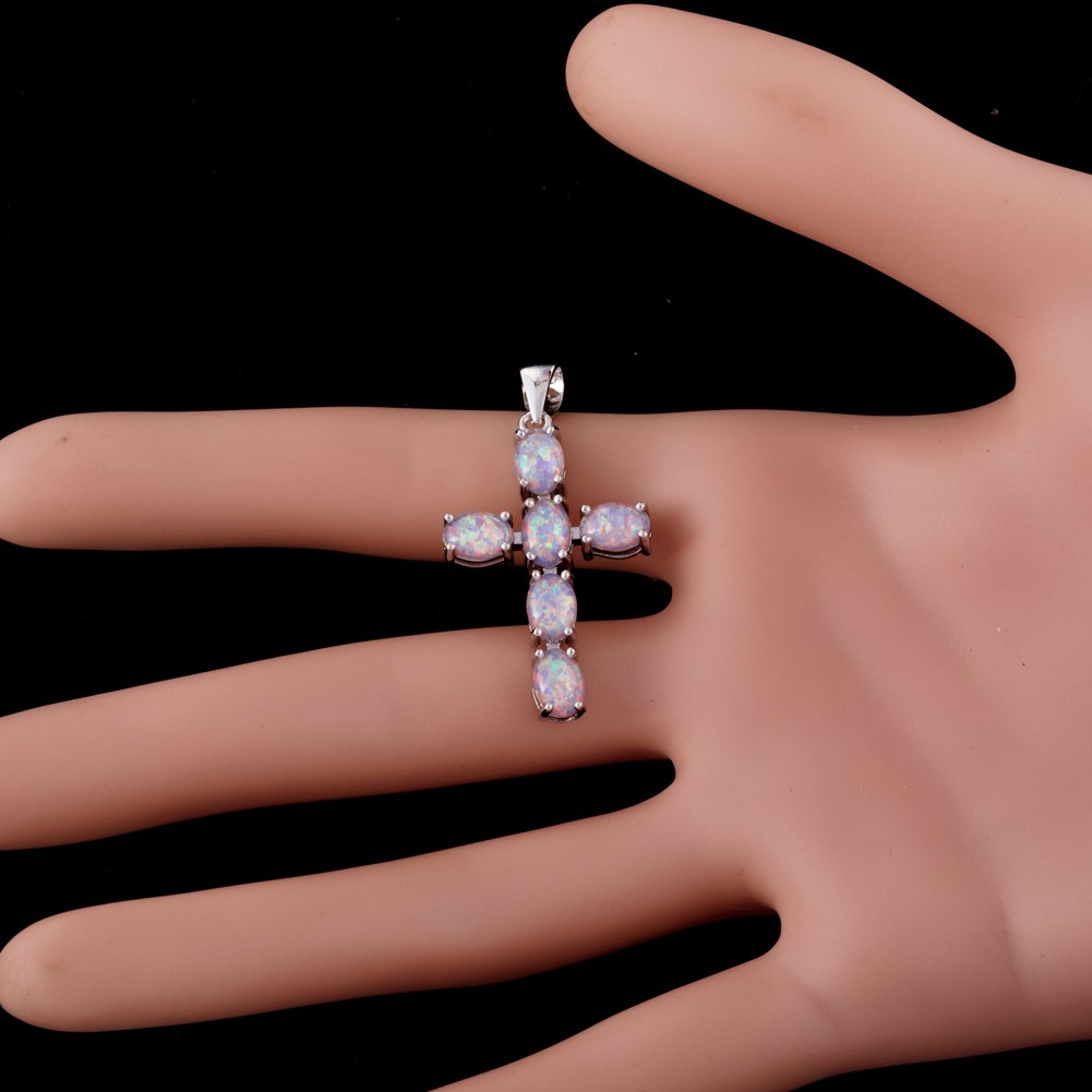 Latin Cross Lavender Purple Fire Opal Cabochon Silver Jewelry Necklace Pendant