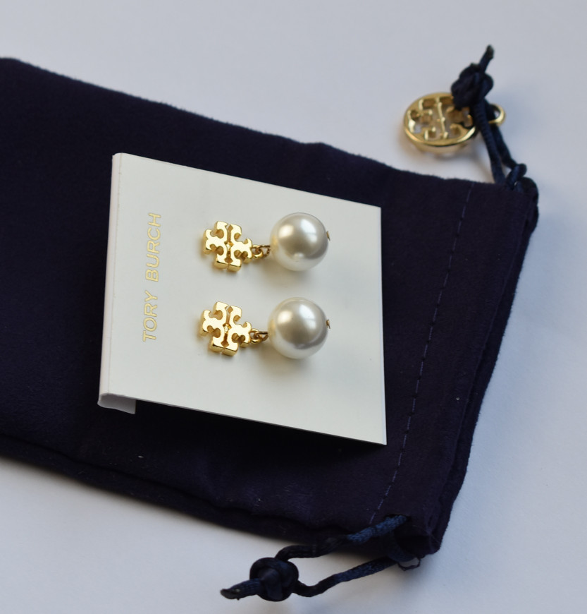 Tory Burch TB logo White Pearl Drop Earrings Gold with dust bag