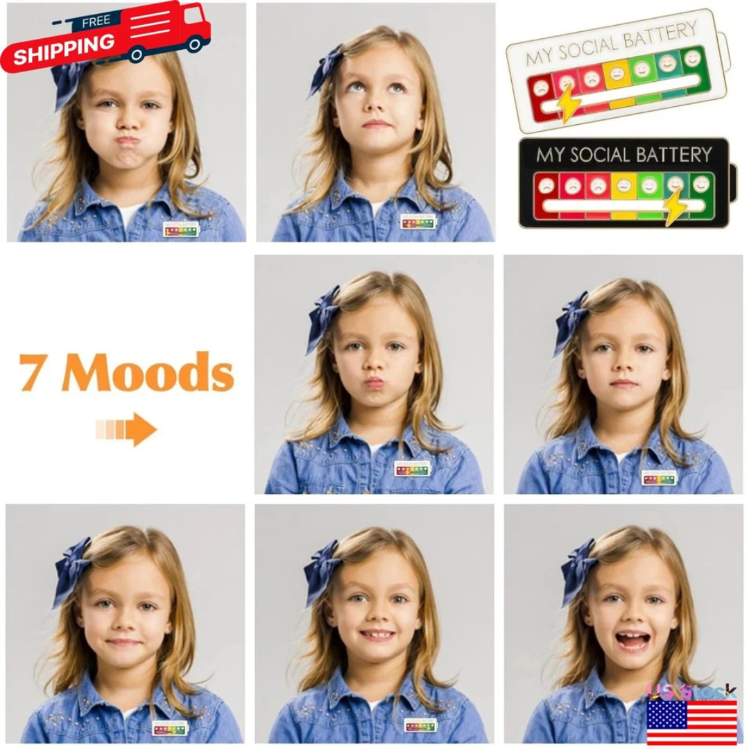 Funny Social Battery Slider Pin – 7-Mood Expression Badge, Cute Interactive Pin
