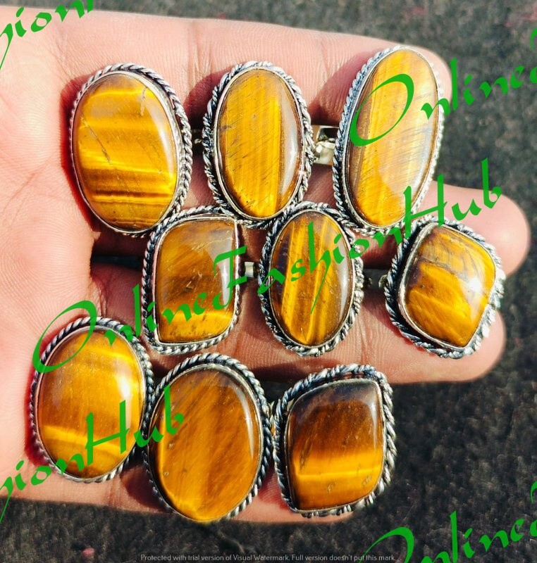 “Bulk Lot of Tiger’s Eye Gemstone Rings – 925 Sterling Silver Plated Jewelry”
