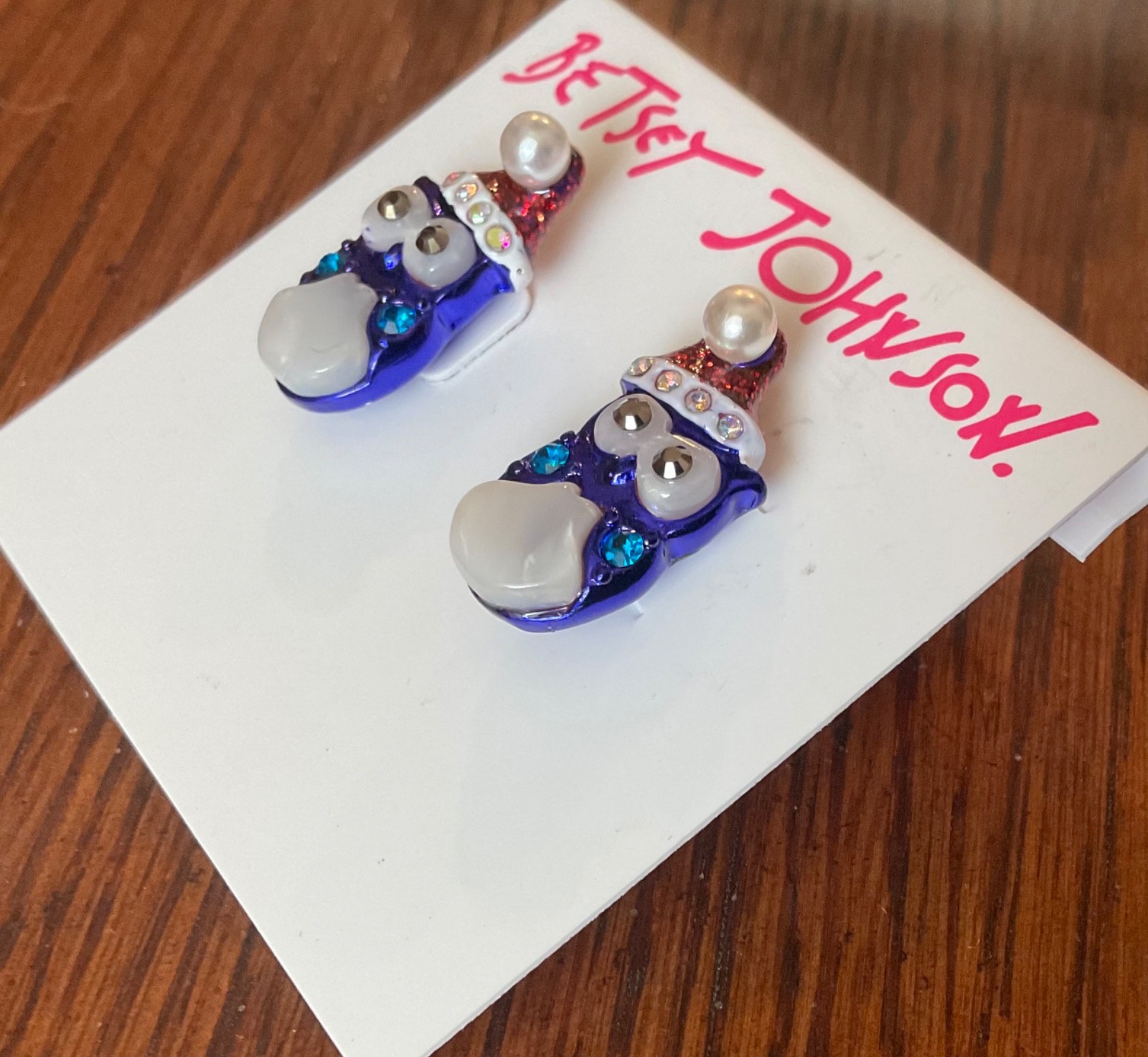 Betsey Johnson Blue Christmas Owl with Santa Hat Earrings Post Stud Faux Pearl