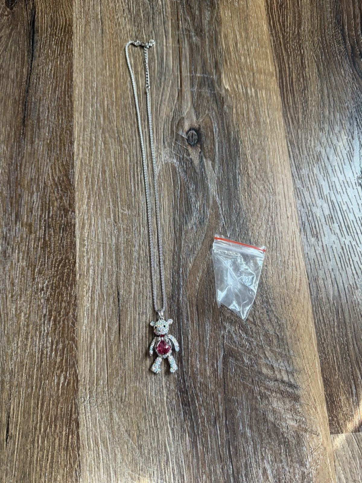 Silver Tone Teddy Bear Charm Pendant Necklace Simulated Crystal Rhinestone