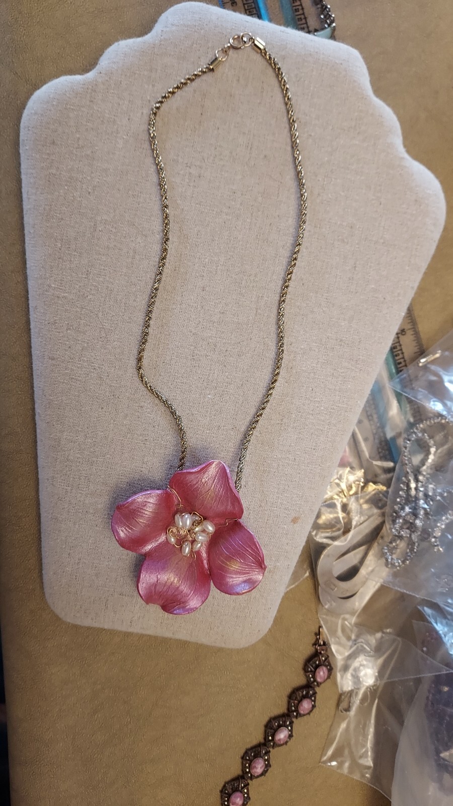 Pink Dogwood made of leather Floral statement necklace