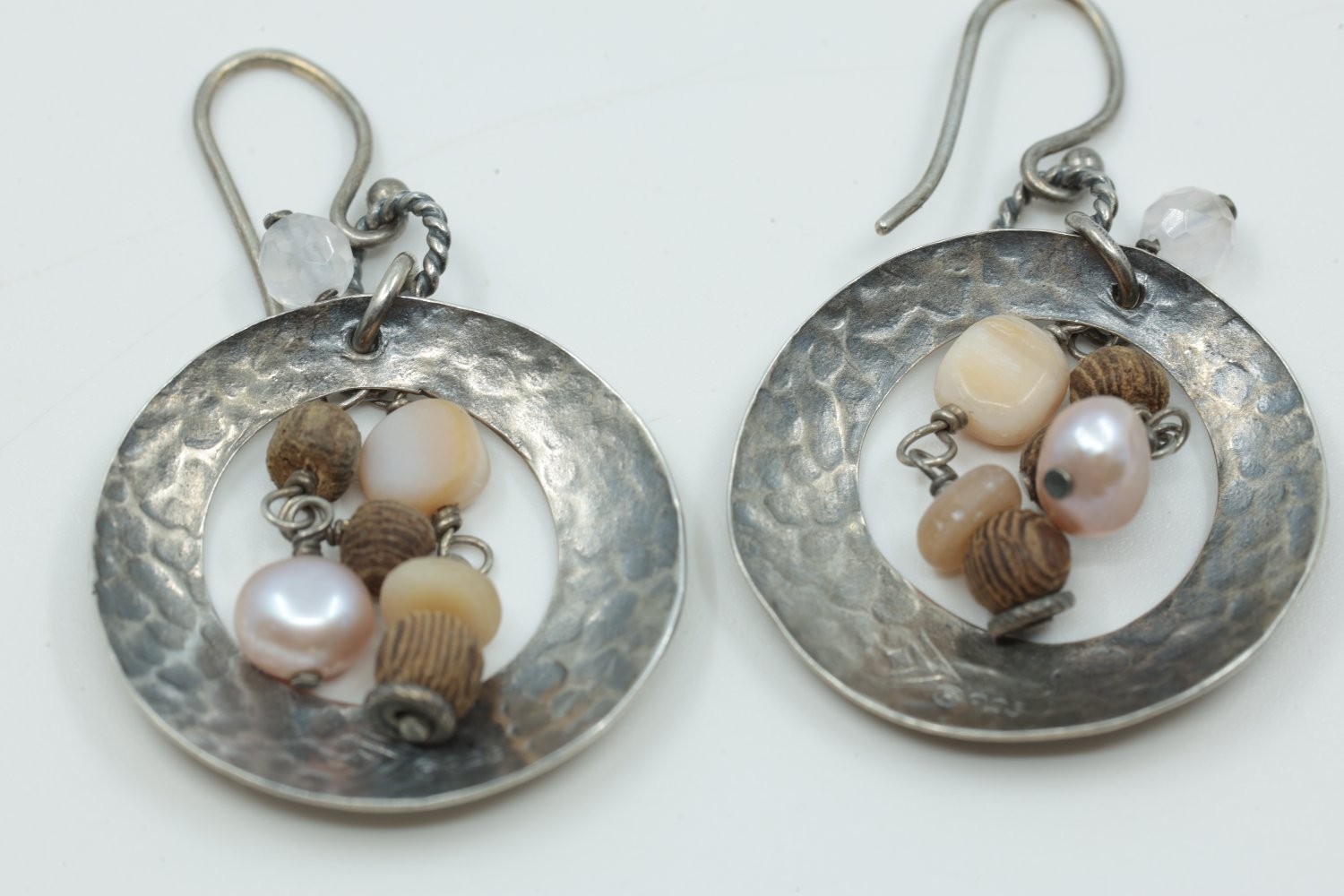 Silpada Sterling Silver Hammered Disc Drop Earrings Pearl Wood Quartz Boho