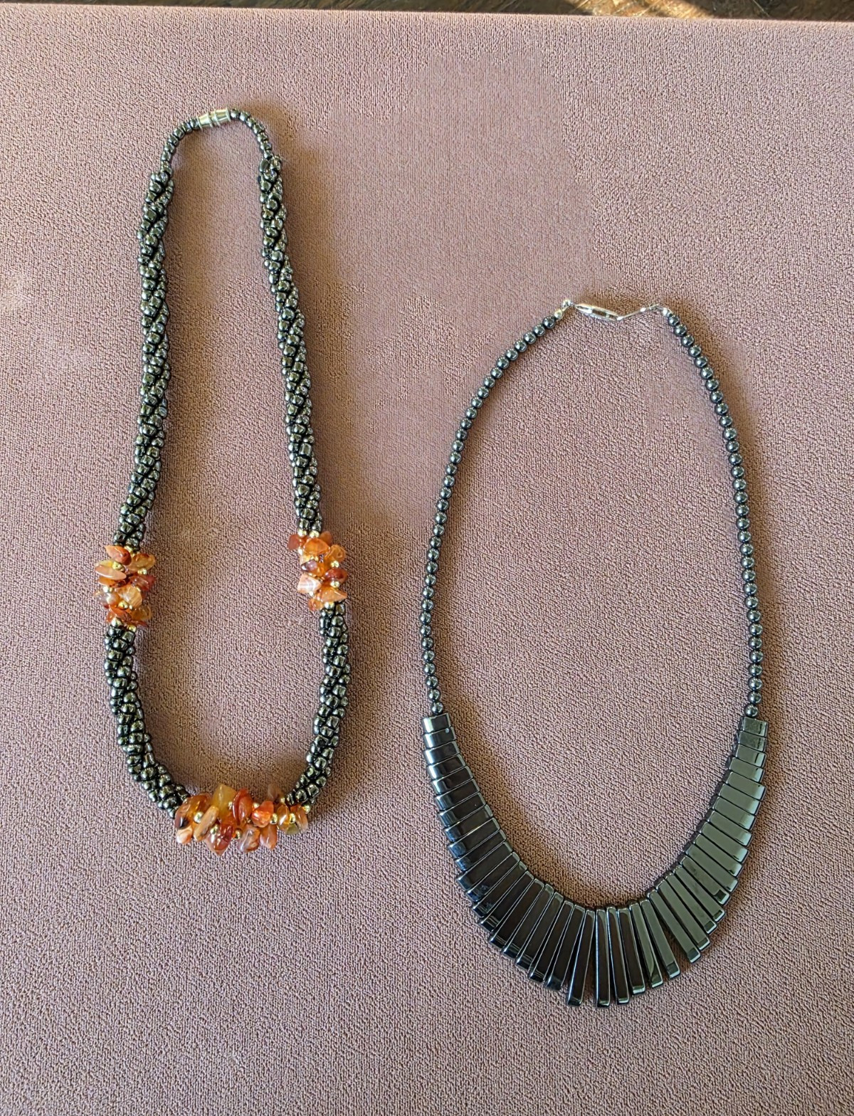 Lot of 2 Black Beaded Statement Necklaces Orange Accents Fan Pendant Bib