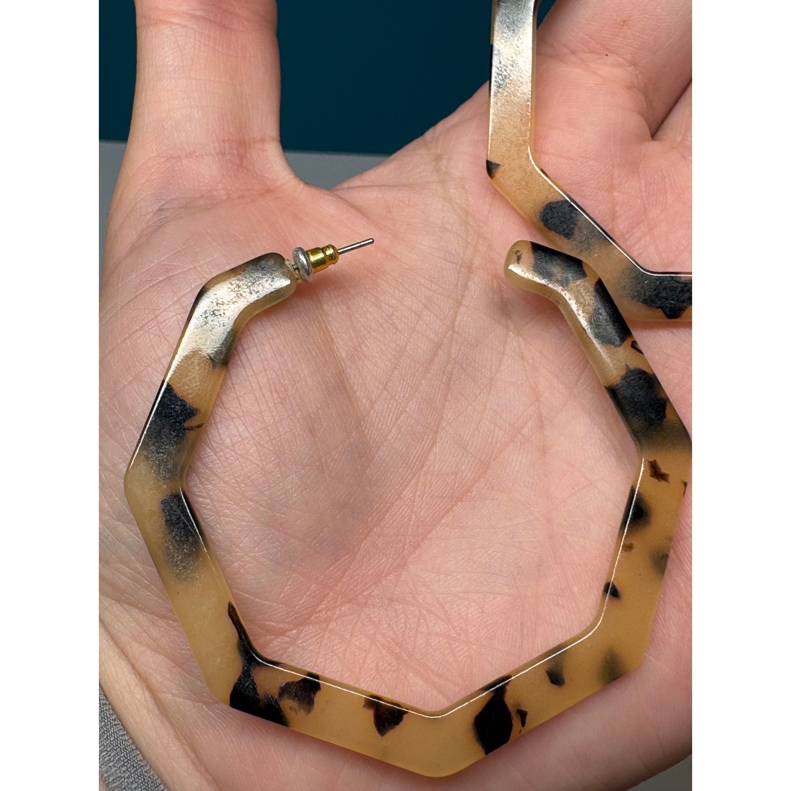Tortoise Shell Acrylic Hexagon Hoop Earrings Brown Geometric Large Post Back