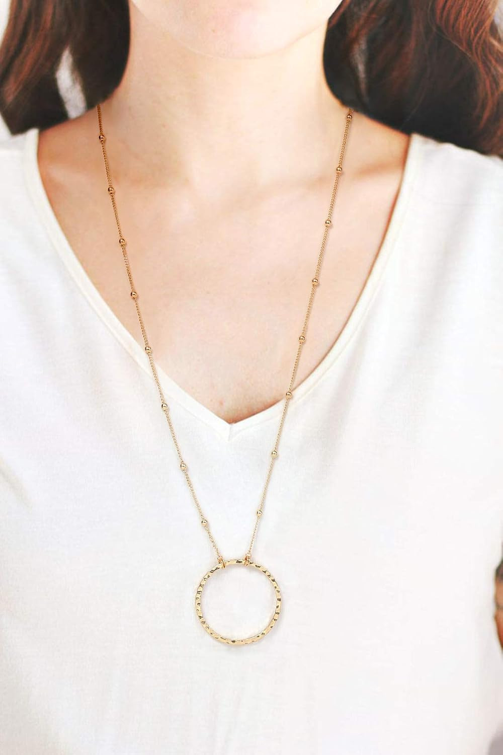 18K Gold Plated Circle Pendant Necklace Long Satellite Beaded Chain Jewelry for